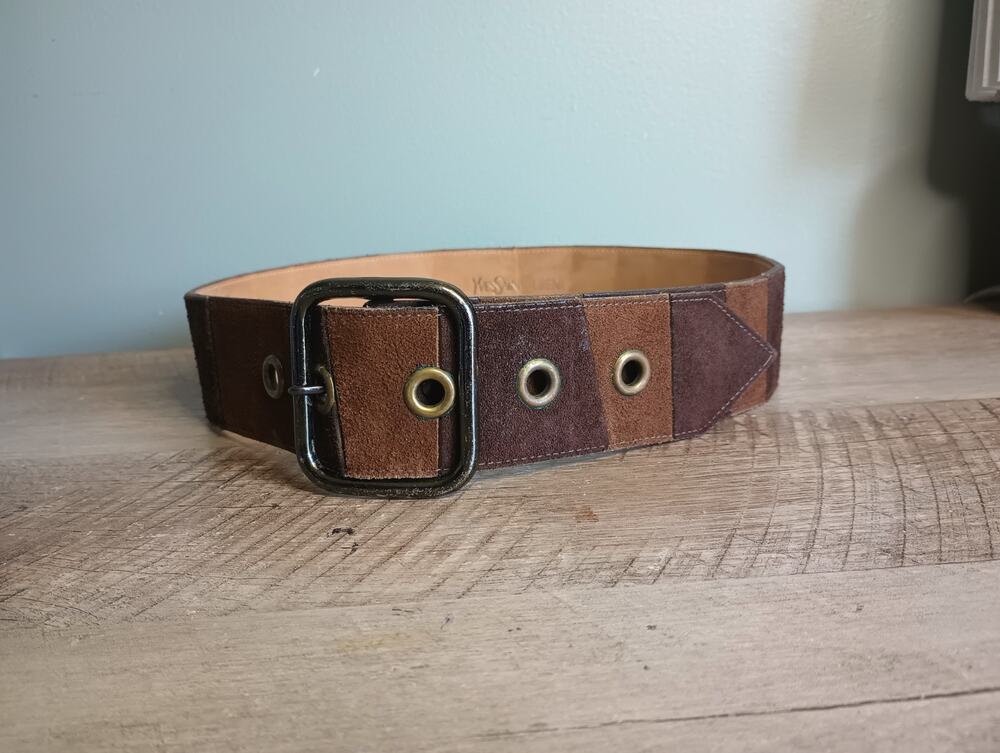 Vtg Yves Saint Laurent Patchwork Suede Split Cowhide Chunky Statement Belt Boho